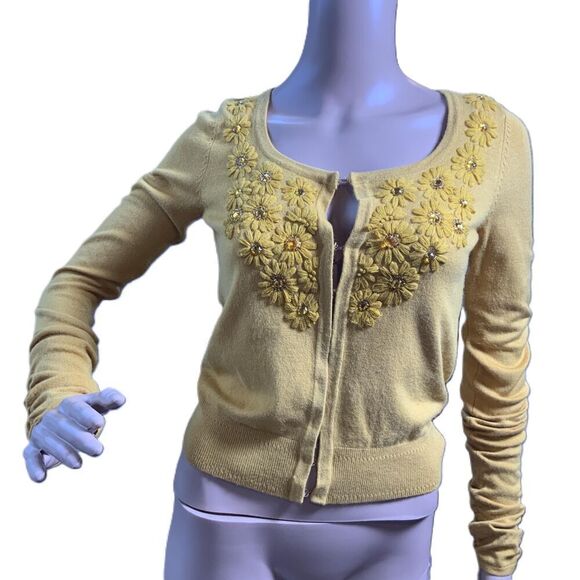 INC Yellow Gold Beaded Floral ButtonUp Cardigan Size Extra Small Wearable Art - Picture 1 of 14